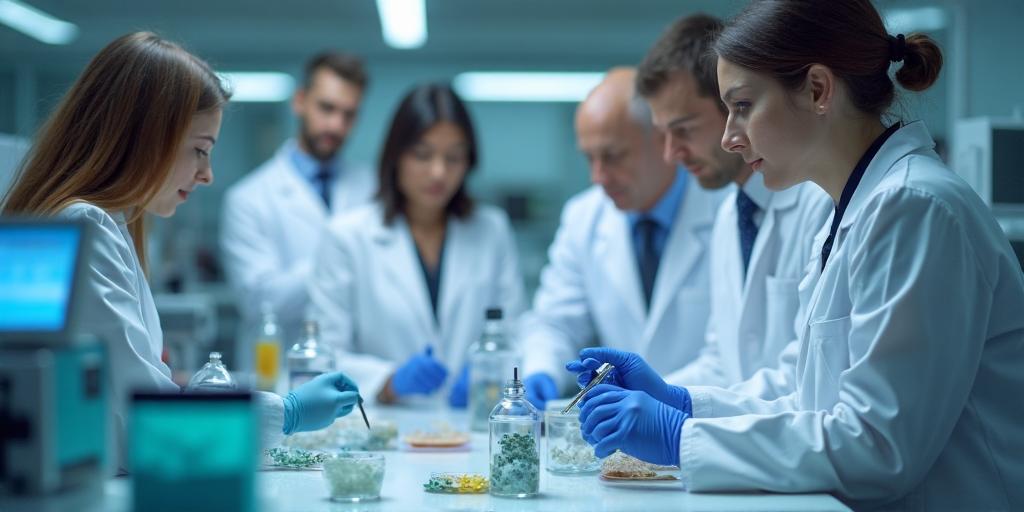 Medical professionals and scientists collaborating in modern tissue processing laboratory