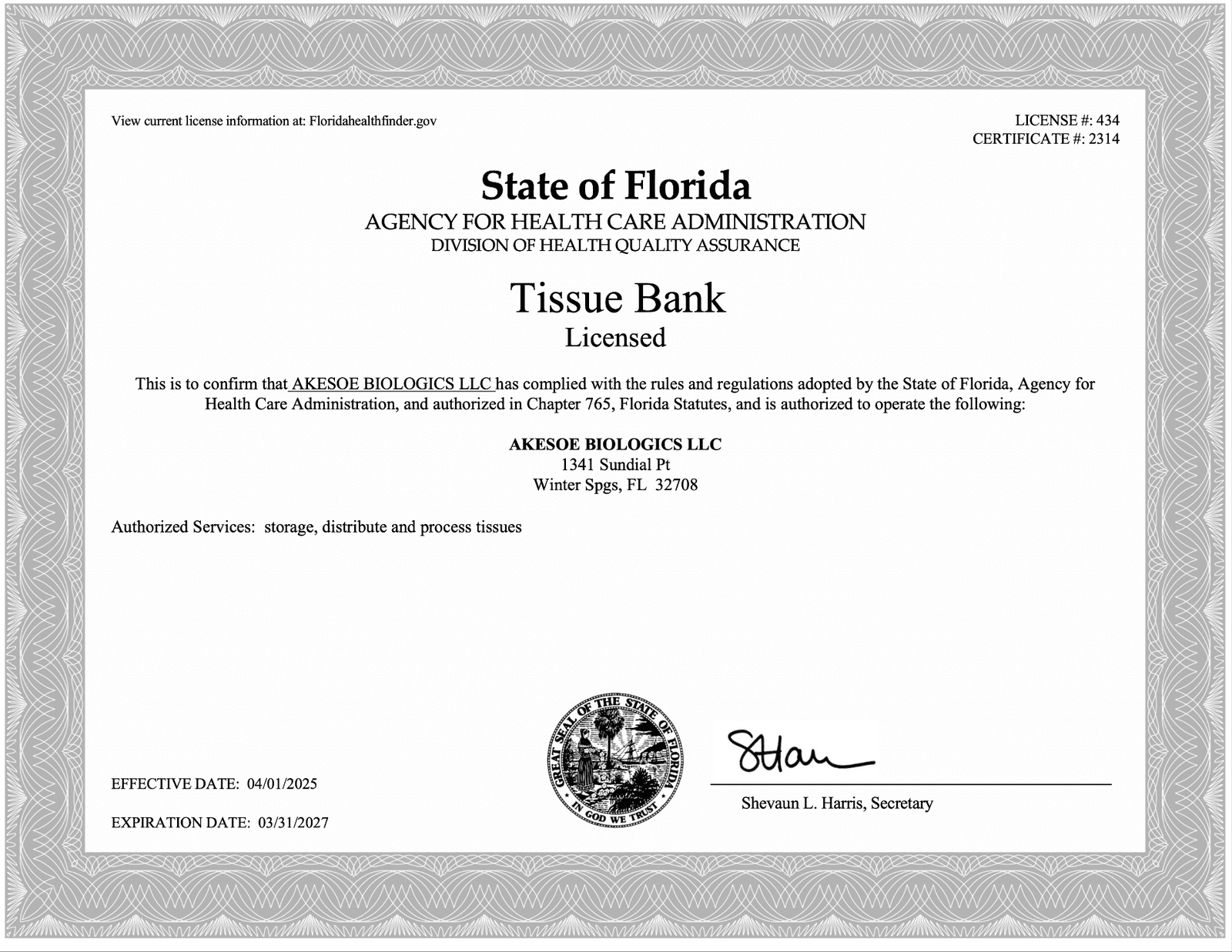 Florida State Tissue Bank License Certificate