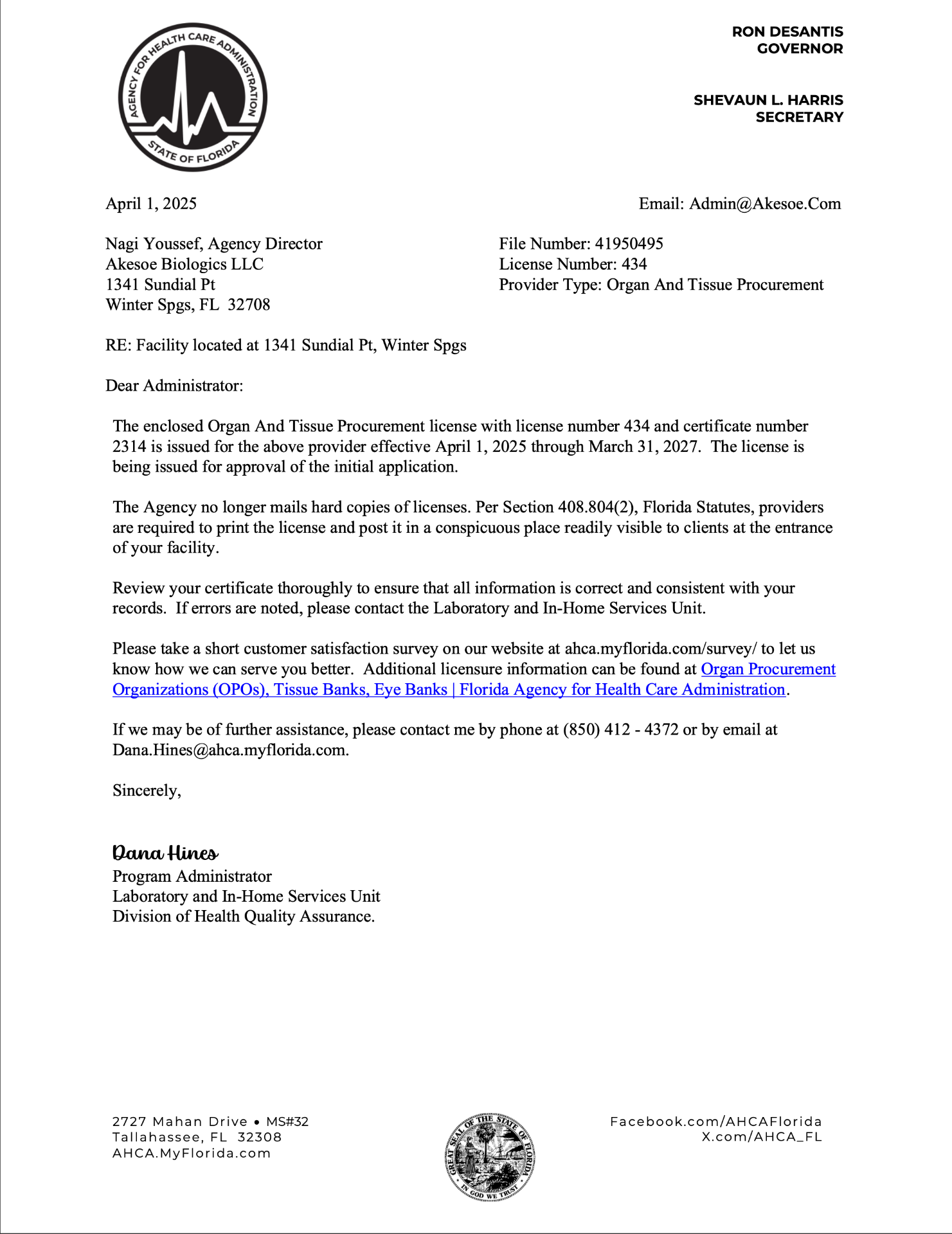 Florida License Correspondence Letter